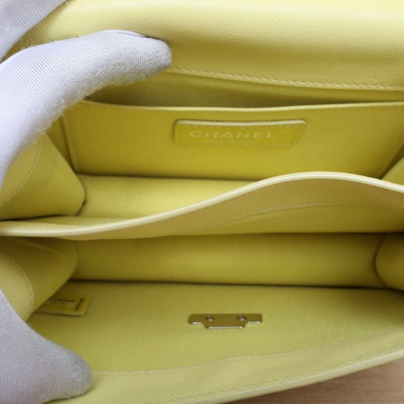 CHANEL 古巴扣菱格紋單肩手提郵差包黃色牛皮25開銀扣肩背包-4