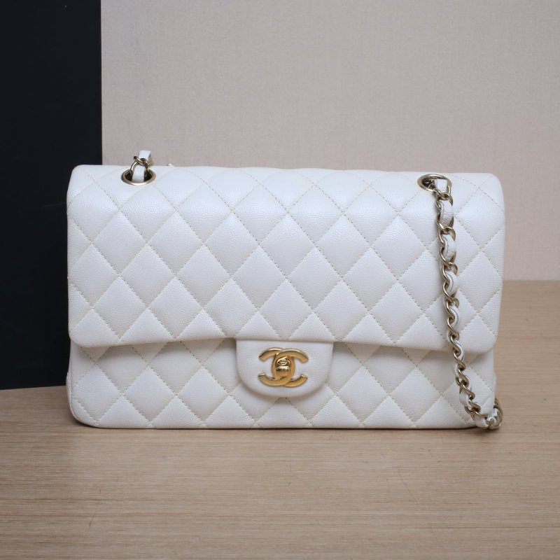 CHANEL CF口蓋包中號25.5白色荔枝牛皮晶片開金扣肩背包-0