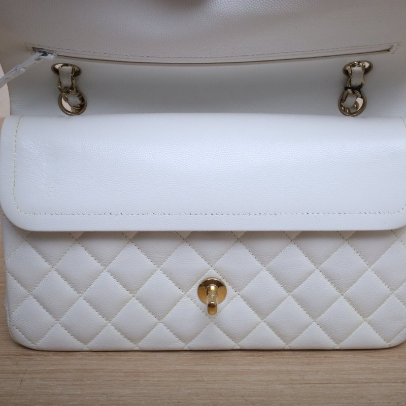 CHANEL CF口蓋包中號25.5白色荔枝牛皮晶片開金扣肩背包-2