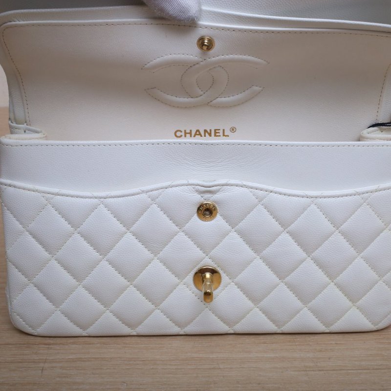 CHANEL CF口蓋包中號25.5白色荔枝牛皮晶片開金扣肩背包-3