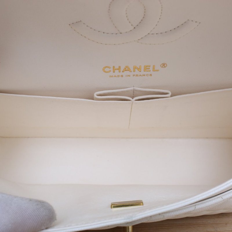CHANEL CF口蓋包中號25.5白色荔枝牛皮晶片開金扣肩背包-4