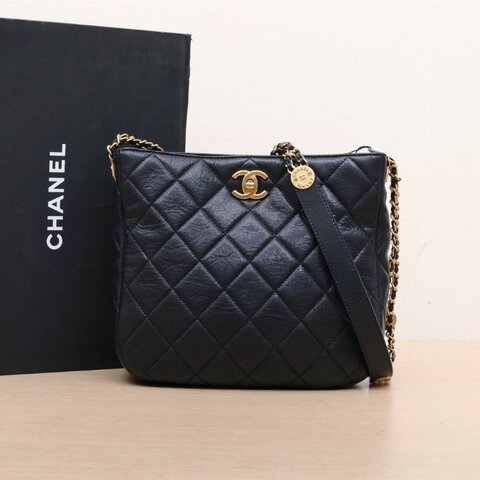 CHANEL 手工坊金幣Hobo腋下包黑色荔枝牛皮晶片開金扣肩背包