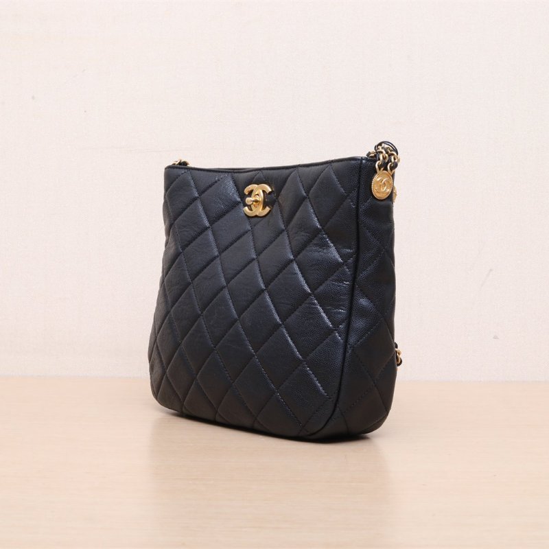 CHANEL 手工坊金幣Hobo腋下包黑色荔枝牛皮晶片開金扣肩背包-3