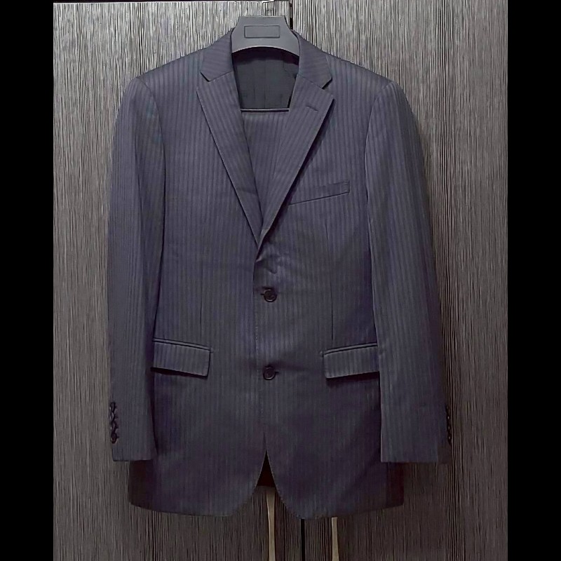 (日本製MIJ)絕版BURBERRY 博柏利 BLACK LABEL 黑標 男灰色條紋混羊毛成套西裝40R-0