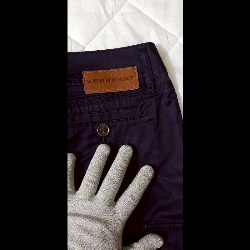 BURBERRY 博柏利 LONDON 牛皮標 女海軍藍多口袋彈性褲管反折八分褲38號-5