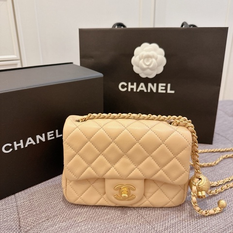 近全新｜勿議價🇫🇷Chanel方胖金球奶茶色 晶片 小羊皮 17公分