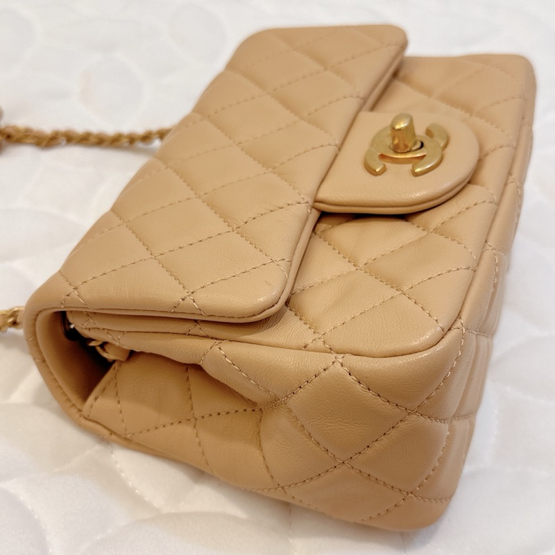 近全新｜勿議價🇫🇷Chanel方胖金球奶茶色 晶片 小羊皮 17公分-2