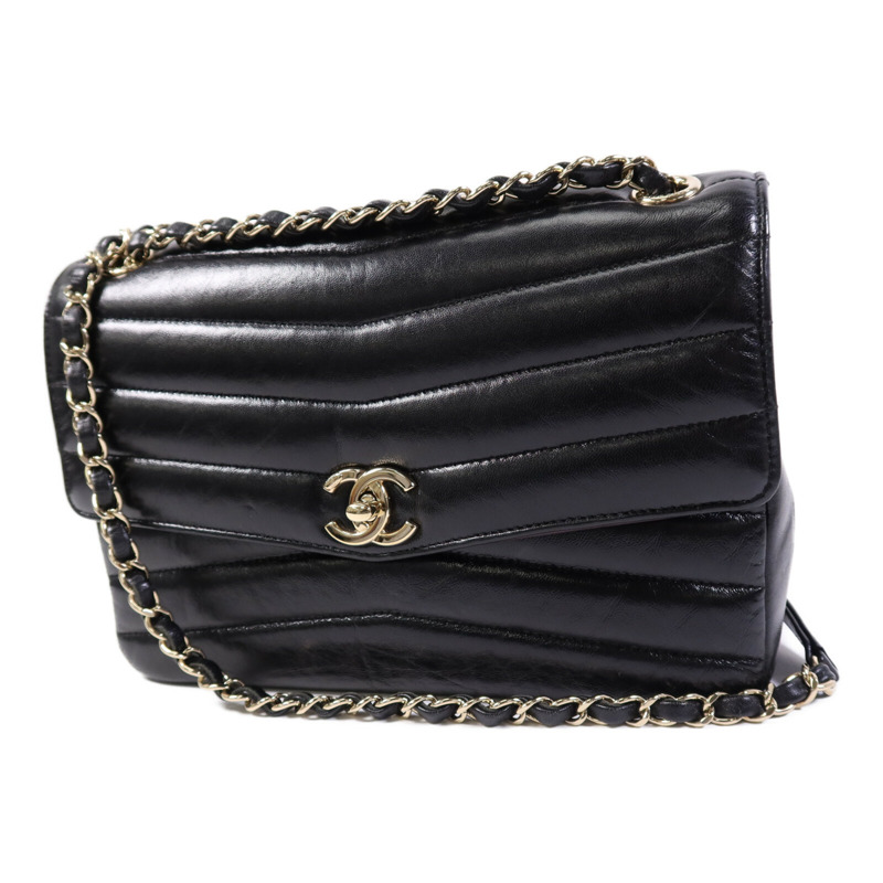 CHANEL 羊皮皮革Seasonal Chevron Flap金扣鏈帶肩背袋-2