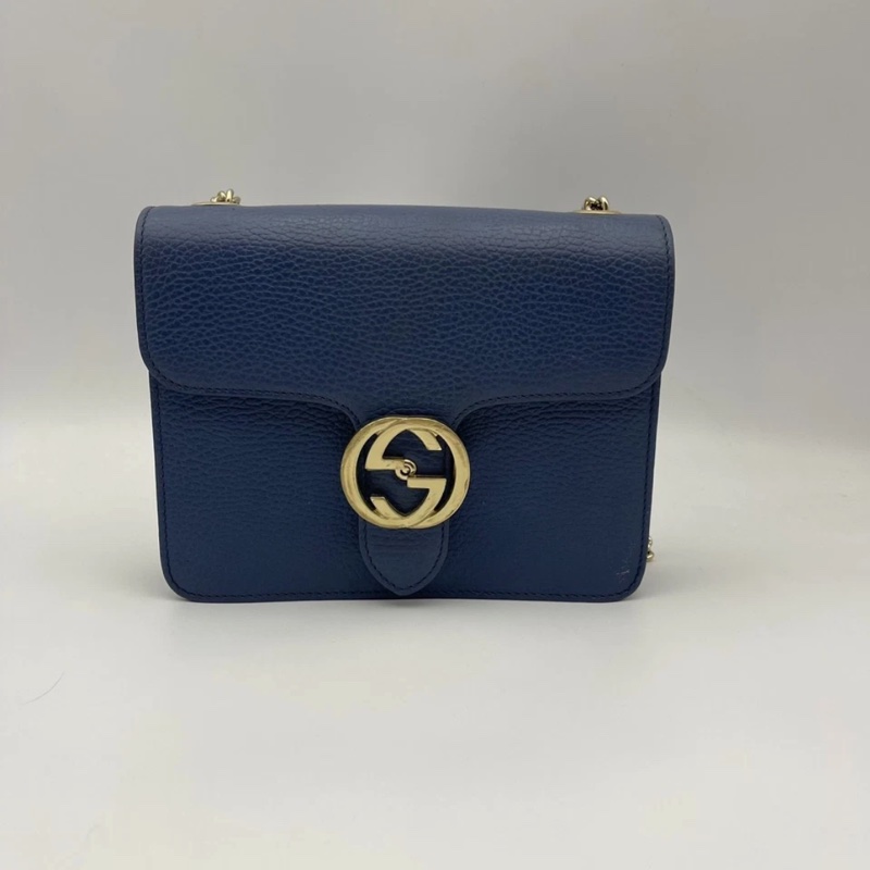正品 Gucci GG 互扣式裡海藍皮革斜挎小包-0