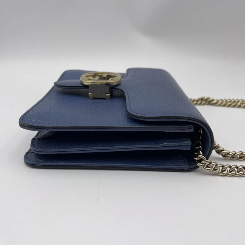 正品 Gucci GG 互扣式裡海藍皮革斜挎小包-2