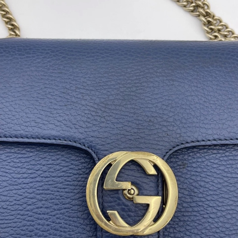 正品 Gucci GG 互扣式裡海藍皮革斜挎小包-12