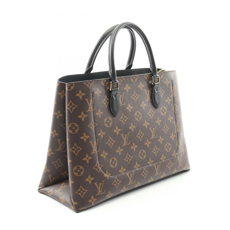 路易威登 (LOUIS VUITTON) 花卉圖案 Monogram 黑色手提包 M43550 PVC 塗層帆布皮革棕色黑色二手女士-1