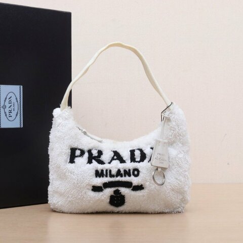 PRADA Hobo腋下包毛絨白色羊毛銀扣肩背包