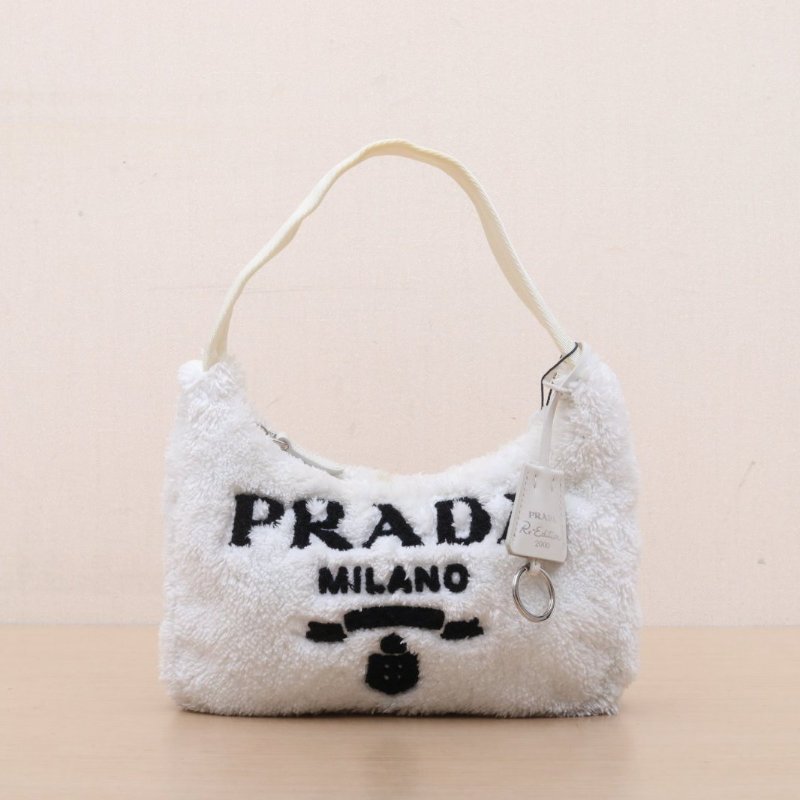 PRADA Hobo腋下包毛絨白色羊毛銀扣肩背包-1