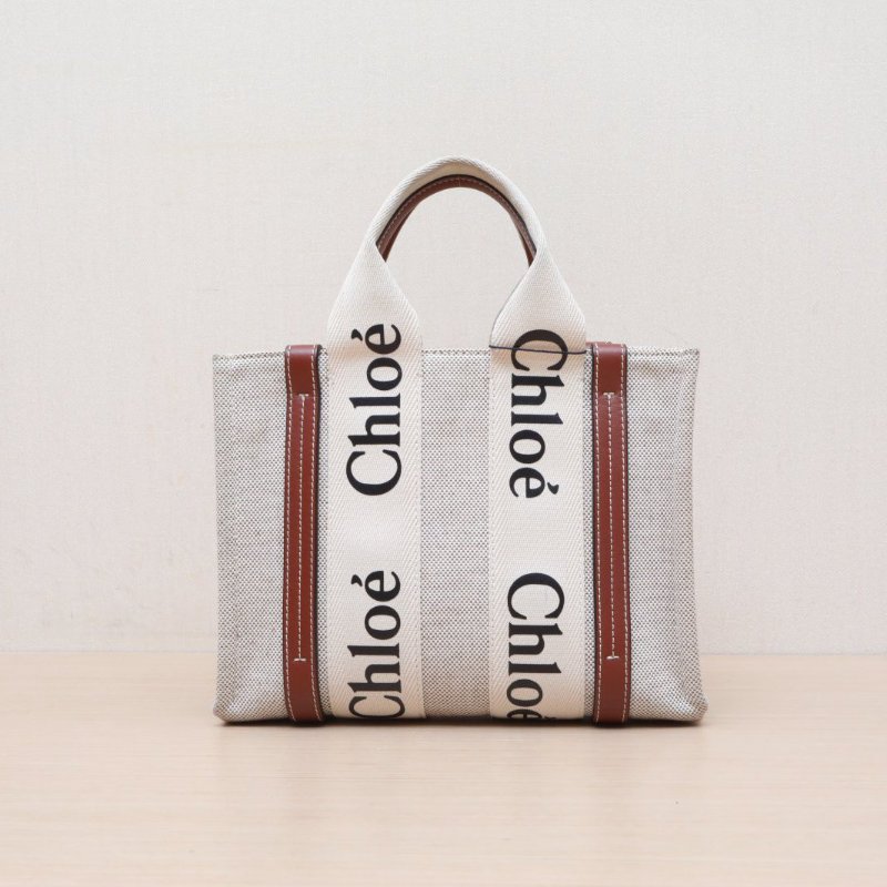 CHLOE WoodyTote小號26紅棕色帆布肩背包-0