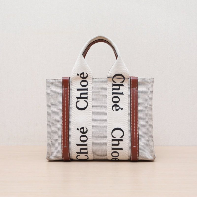 CHLOE WoodyTote小號26紅棕色帆布肩背包-1