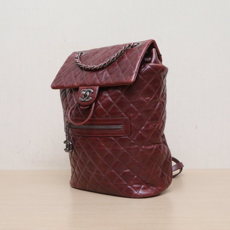 CHANEL 酒紅色油蠟皮23開銀扣薩爾茨堡雙肩包前拉鏈口袋肩背包-4