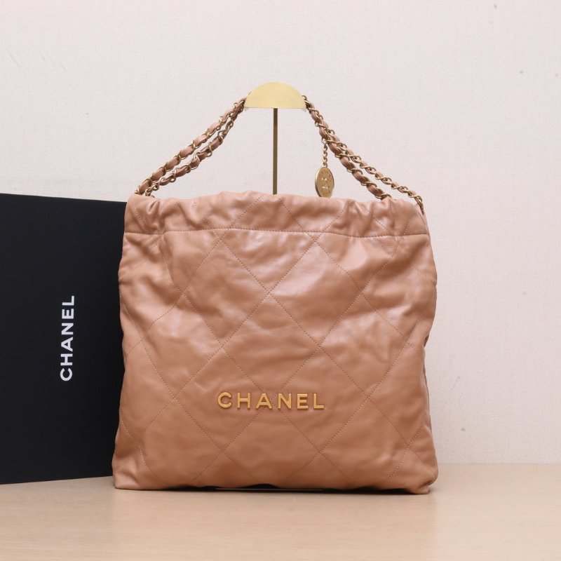 CHANEL 22BagTote托特包中號35奶茶色牛皮晶片開金扣肩背包-0