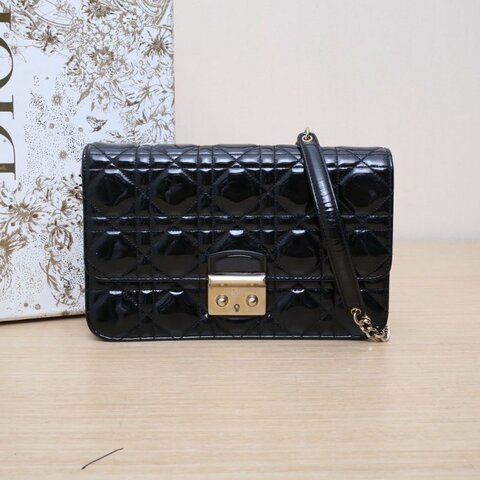 DIOR MissDior小號21黑色漆皮金扣2014肩背包