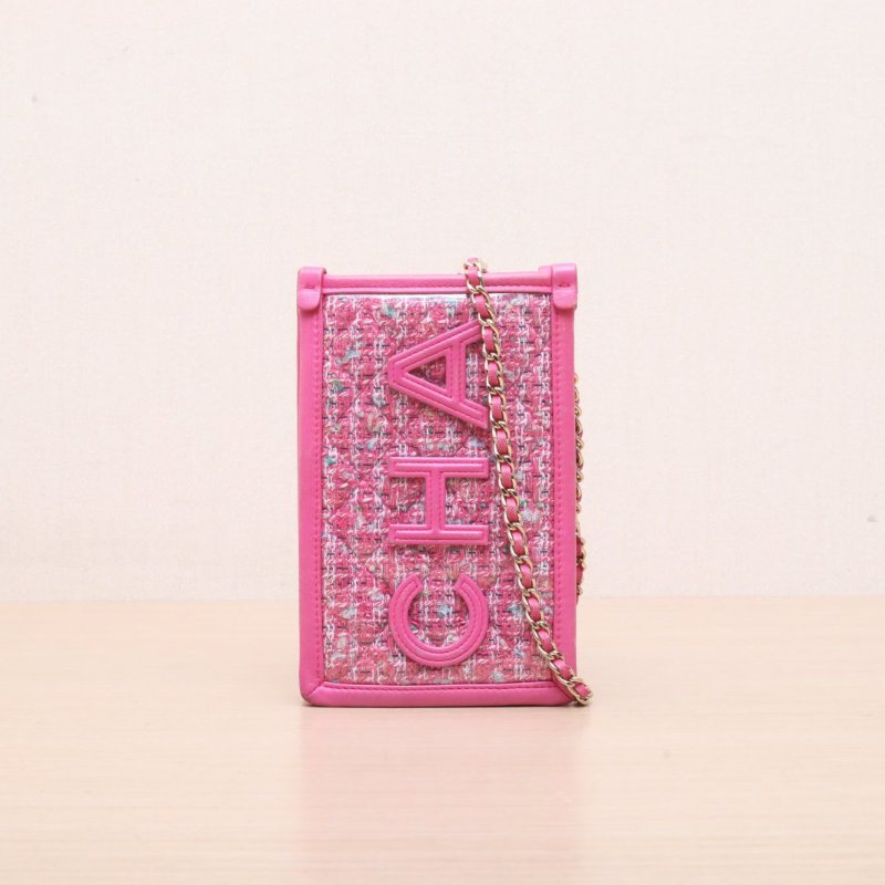 CHANEL 手機包18粉色PVC/毛呢28開金扣肩背包-1