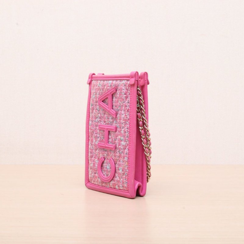 CHANEL 手機包18粉色PVC/毛呢28開金扣肩背包-2