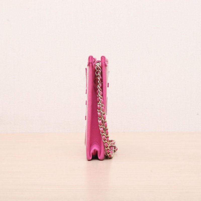 CHANEL 手機包18粉色PVC/毛呢28開金扣肩背包-3