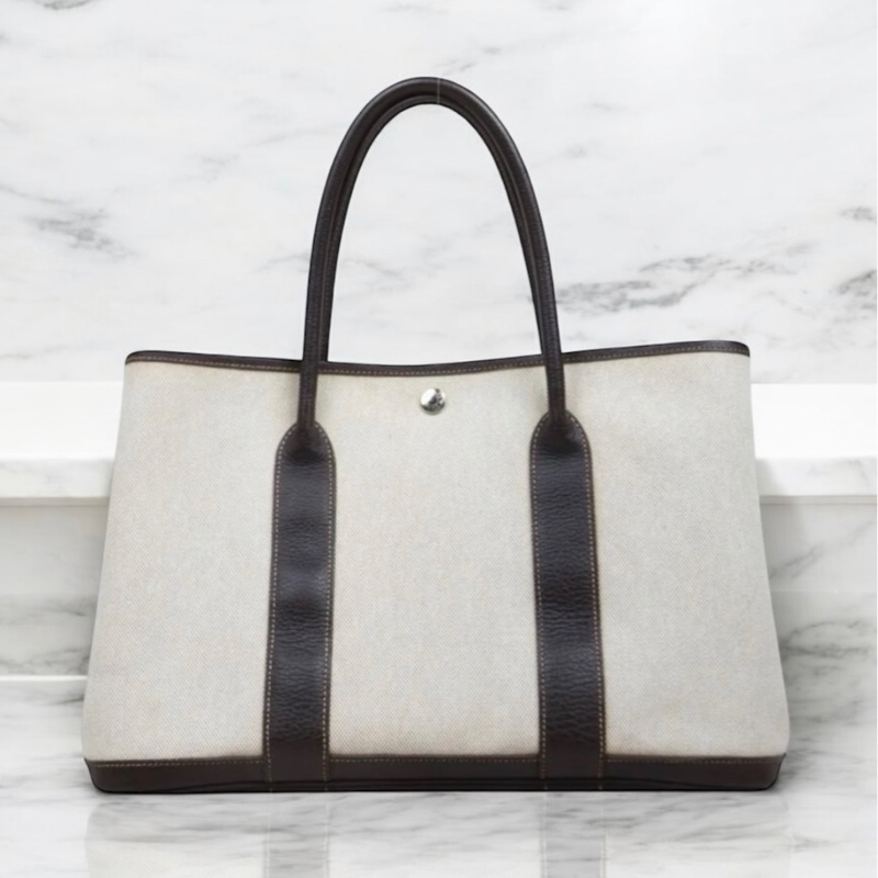 「JL精品代購」9新 愛馬仕熊貓色帆布拼皮花園36托特包-0