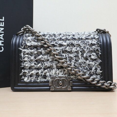 CHANEL Leboy中號25黑色毛呢23開銀扣編織肩背包