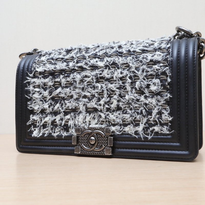 CHANEL Leboy中號25黑色毛呢23開銀扣編織肩背包-3