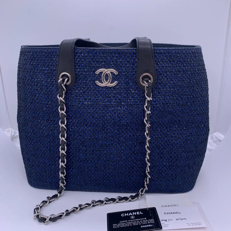 Chanel香奈兒拉菲草購物手提包,藍色編織鏈條,雙向可擴展,沙灘風海軍藍-0