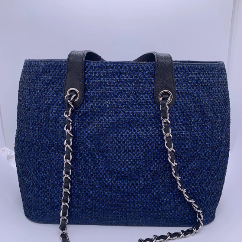 Chanel香奈兒拉菲草購物手提包,藍色編織鏈條,雙向可擴展,沙灘風海軍藍-1
