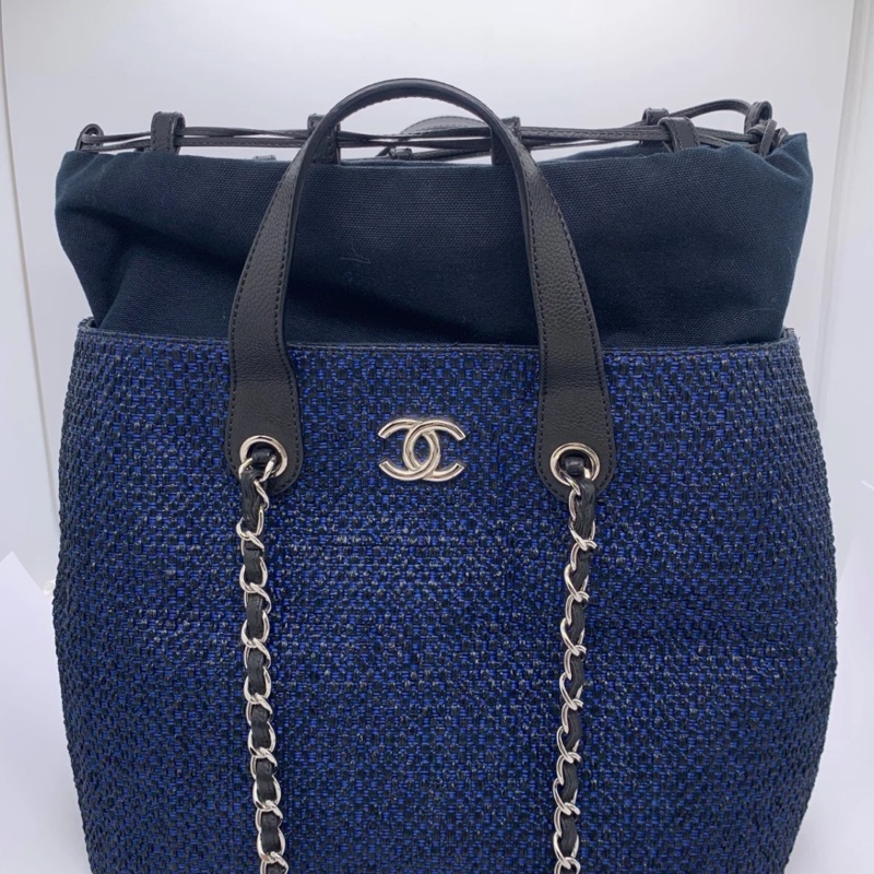 Chanel香奈兒拉菲草購物手提包,藍色編織鏈條,雙向可擴展,沙灘風海軍藍-3