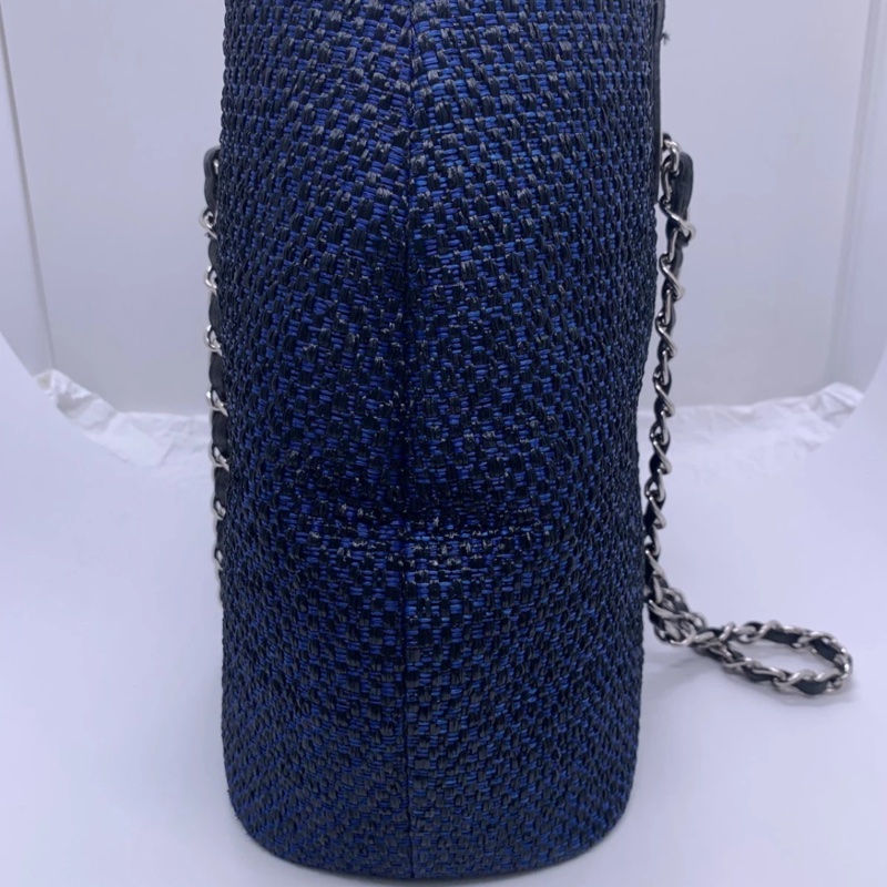 Chanel香奈兒拉菲草購物手提包,藍色編織鏈條,雙向可擴展,沙灘風海軍藍-5