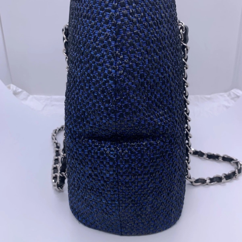 Chanel香奈兒拉菲草購物手提包,藍色編織鏈條,雙向可擴展,沙灘風海軍藍-6