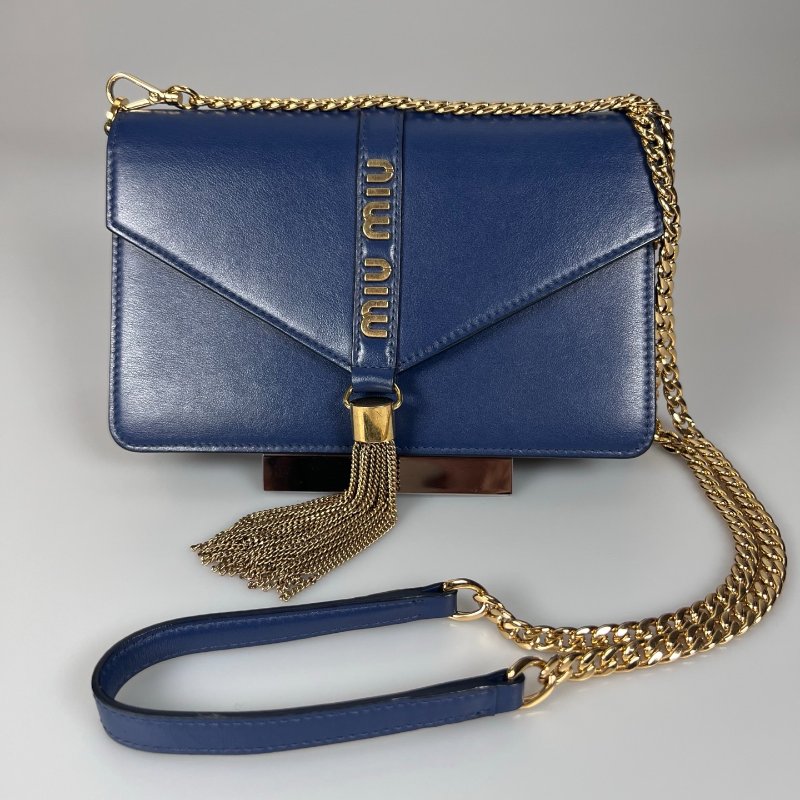 MIUMIU 藍皮革金扣流蘇-0