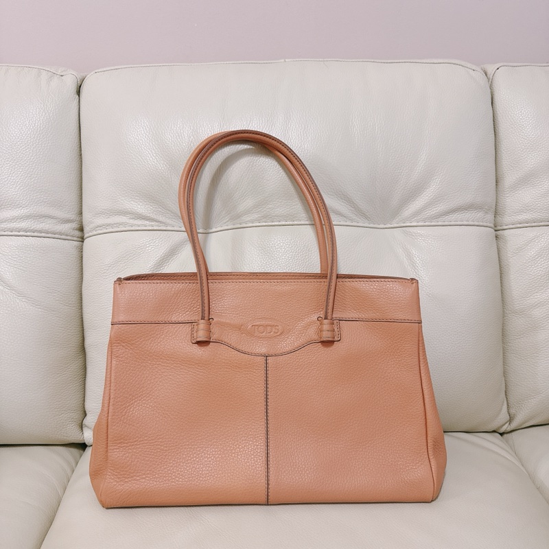 85成新 TODS tote 托特包 粉橘粉色 有附防塵-0