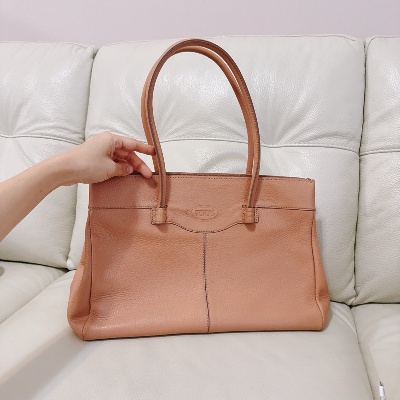 85成新 TODS tote 托特包 粉橘粉色 有附防塵-2