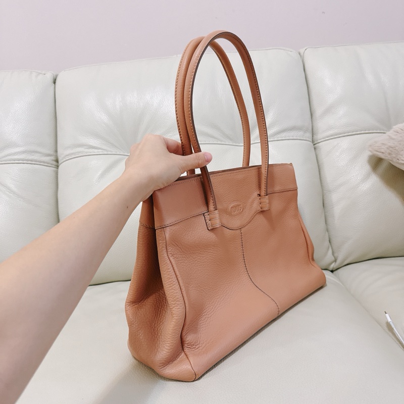 85成新 TODS tote 托特包 粉橘粉色 有附防塵-4