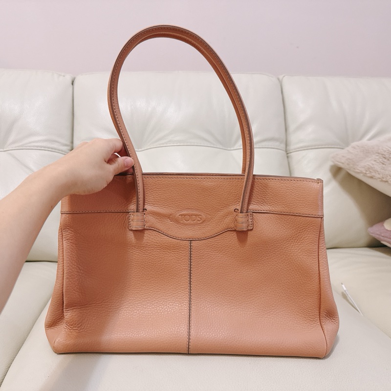 85成新 TODS tote 托特包 粉橘粉色 有附防塵-16