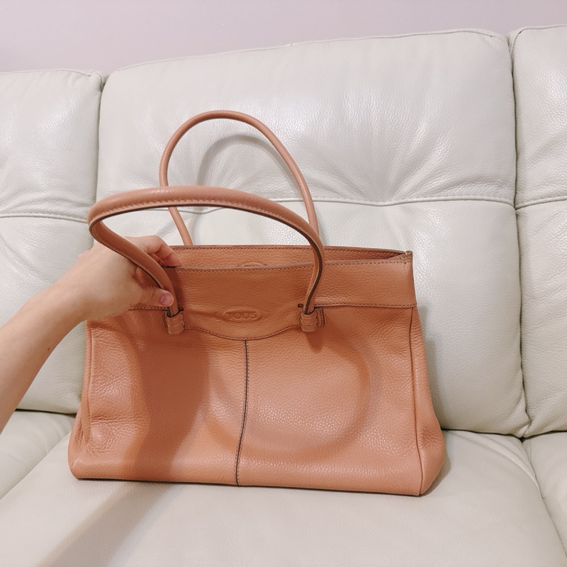 85成新 TODS tote 托特包 粉橘粉色 有附防塵-19