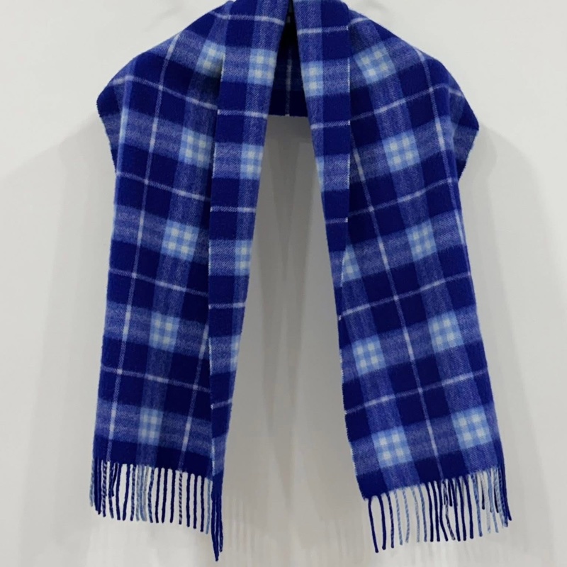 Burberry 羊絨100%藍色格紋流蘇圍巾-3