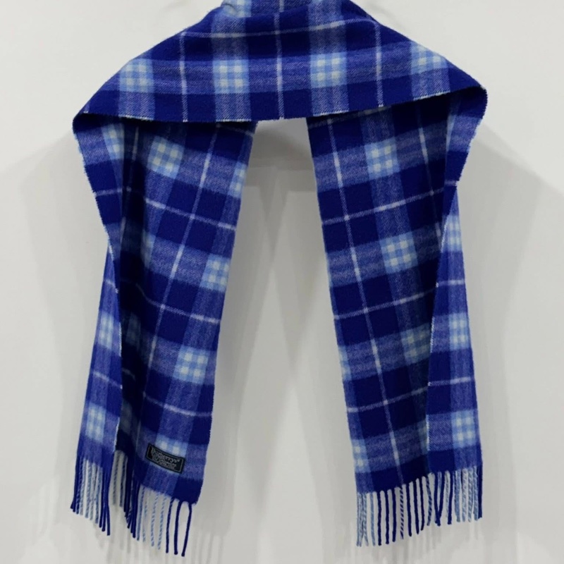 Burberry 羊絨100%藍色格紋流蘇圍巾-4