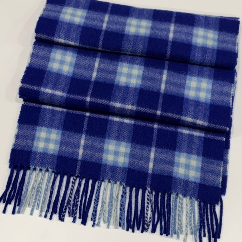 Burberry 羊絨100%藍色格紋流蘇圍巾-5