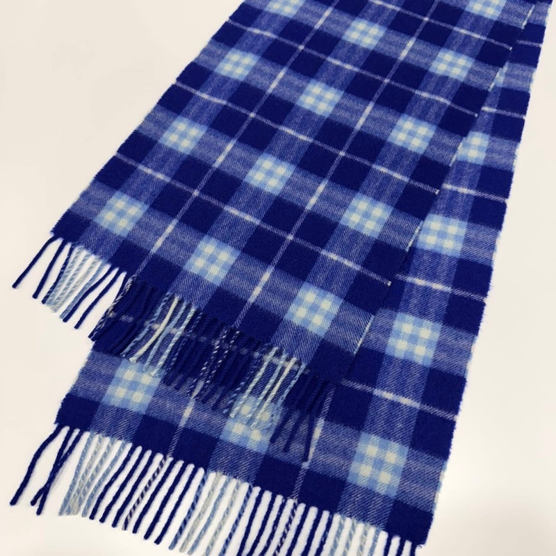 Burberry 羊絨100%藍色格紋流蘇圍巾-6