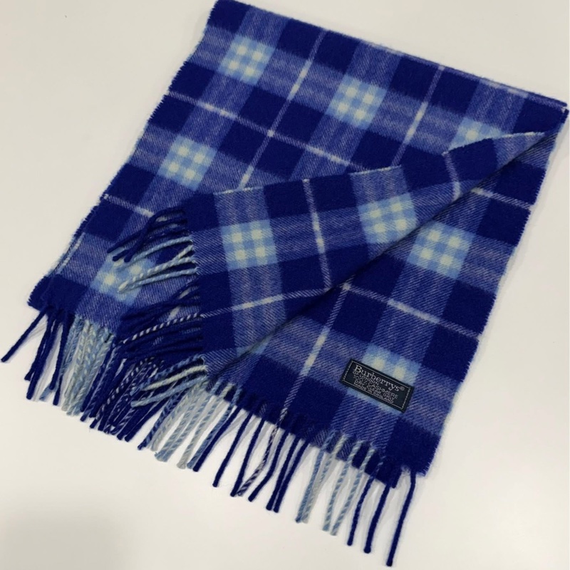 Burberry 羊絨100%藍色格紋流蘇圍巾-8