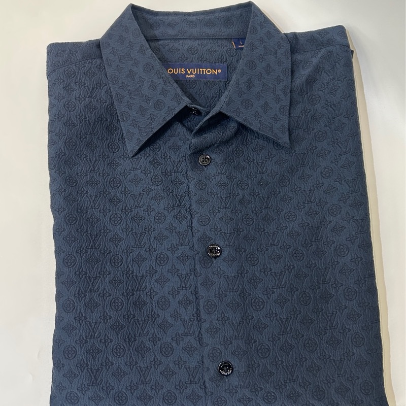 Lv Mini Monogram 深藍印花logo短袖襯衫-0
