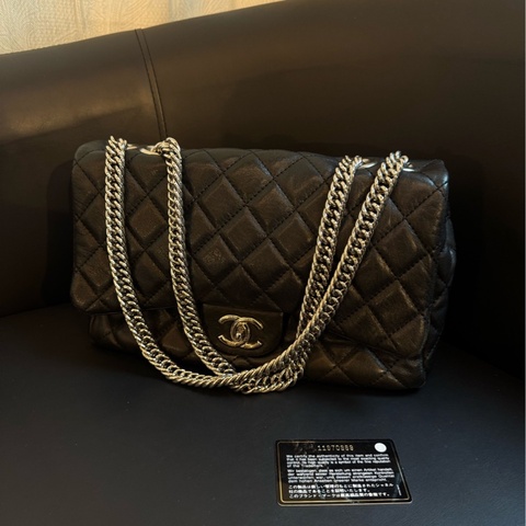 Chanel香奈兒 黑色銀色五金 30底長 口蓋包 11開