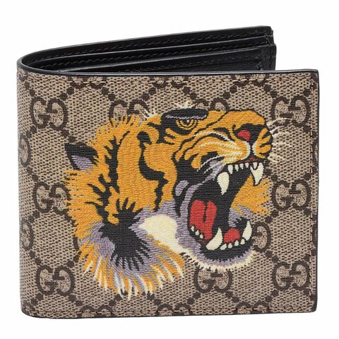 GUCCI 古馳 經典雙GG Supreme老虎印花摺疊短夾8卡