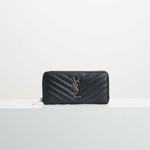 二手YSL 拉鍊長夾/黑銀牛皮