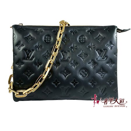 *奢華大道國際精品*【L3403】LV 黑色羊皮壓紋 COUSSIN 肩背/斜背兩用包 (PM) M57790-0